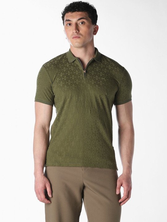 Textured Zip Polo Shirt - Olive Green