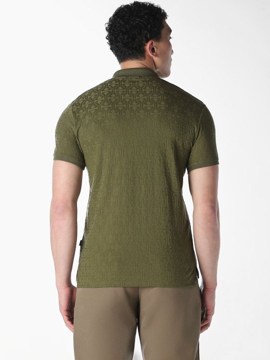 Textured Zip Polo Shirt - Olive Green - Image 3
