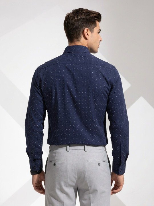 Slim Fit Micro Ditsy Printed Cotton Formal Shirt, Navy Blue - Image 3