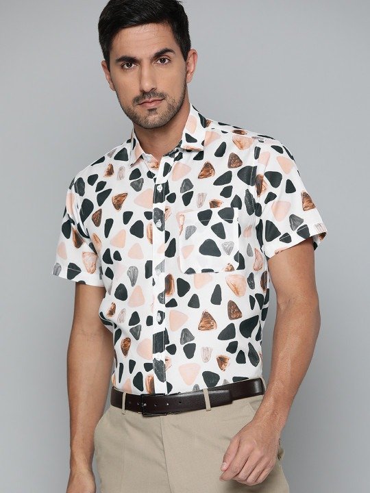 DENNISON, Modern Geometric Print Shirt - White Multi-Color