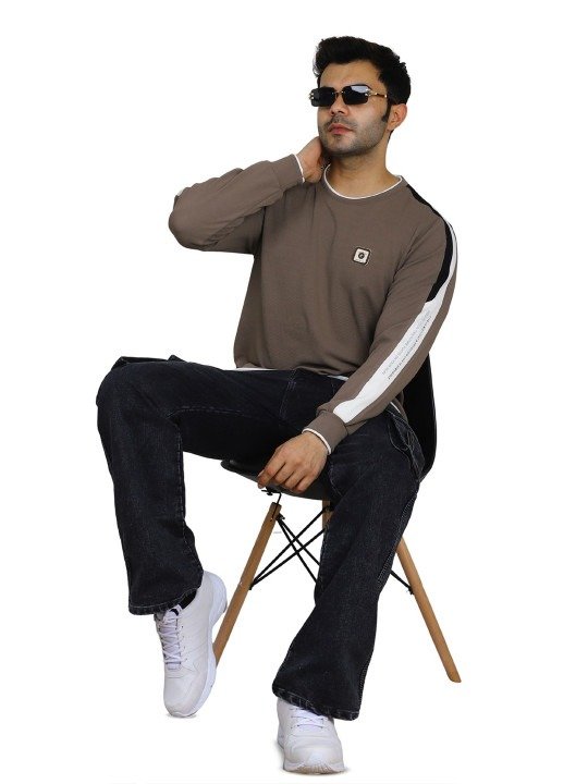 Contrast Stripe Athletic Sweatshirt - Taupe Brown - Image 4