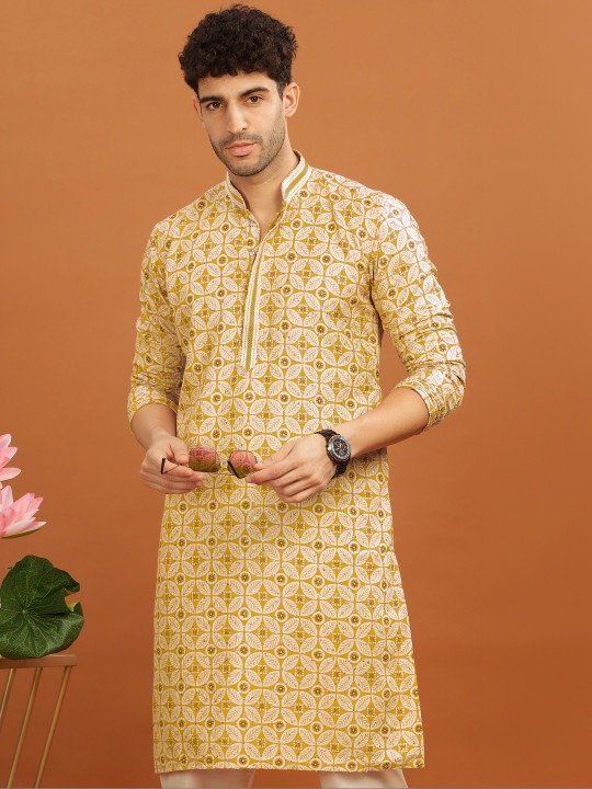 Golden Sunshine Geometric Print Kurta (Yellow & Cream) - Image 3
