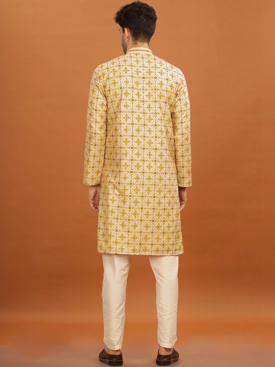 Golden Sunshine Geometric Print Kurta (Yellow & Cream) - Image 4