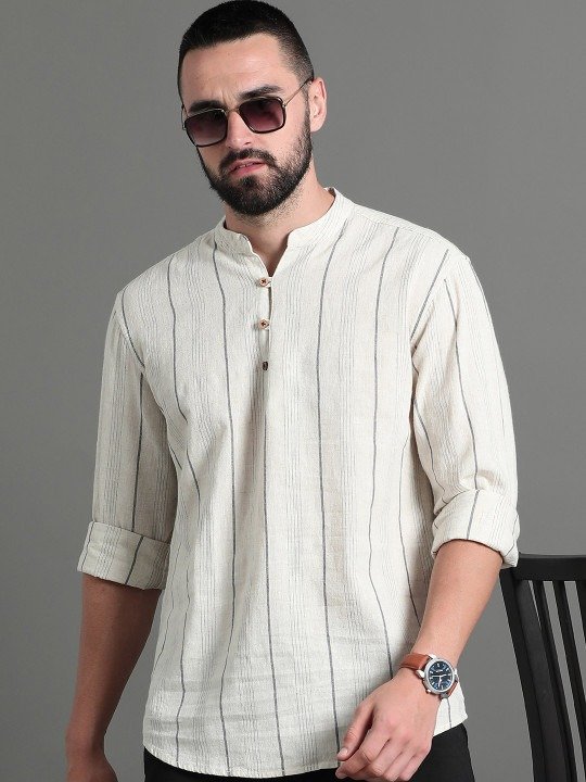 Striped Cotton Short Kurta, Off White