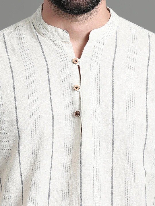 Striped Cotton Short Kurta, Off White - Image 5