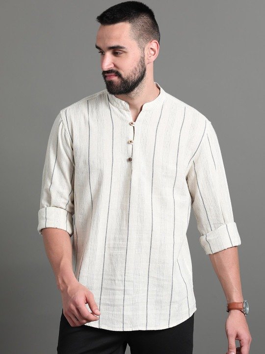 Striped Cotton Short Kurta, Off White - Image 6