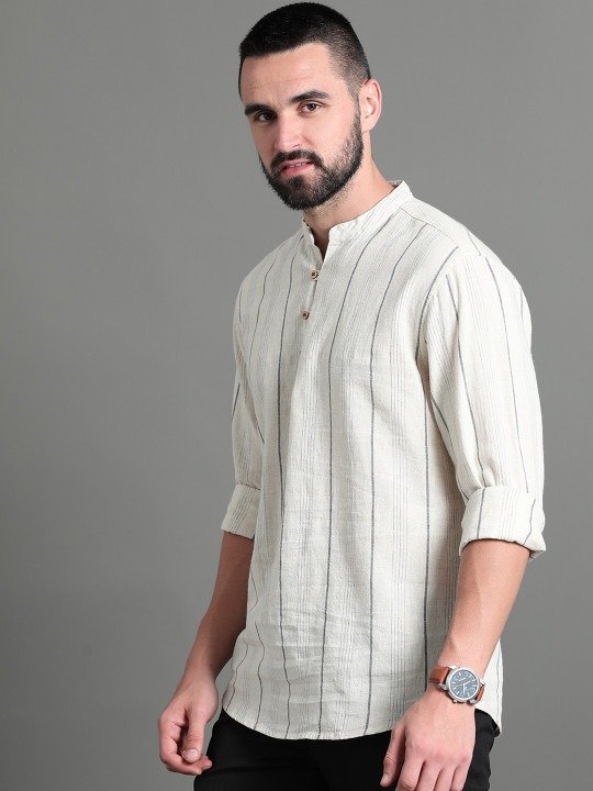 Striped Cotton Short Kurta, Off White - Image 4