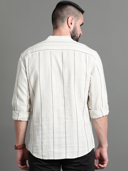 Striped Cotton Short Kurta, Off White - Image 3