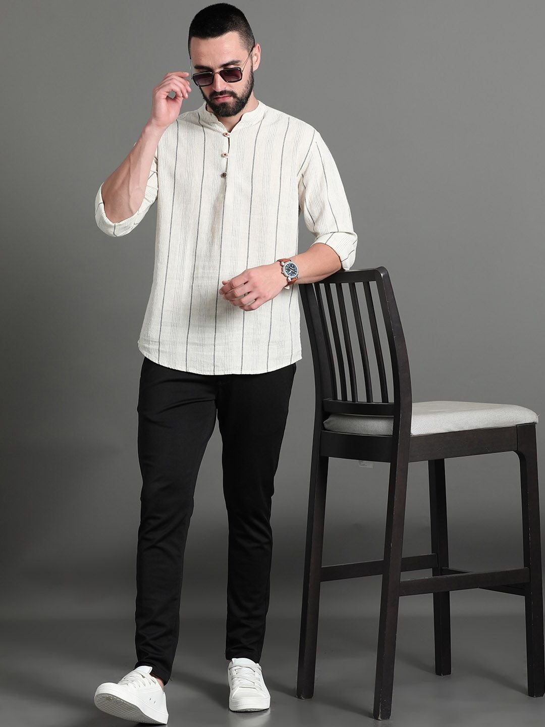 Striped Cotton Short Kurta, Off White - Image 2